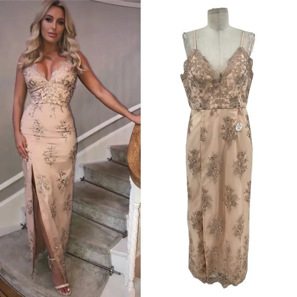 Chi Chi London Petite Betsie Embroidered Slip Dress Beige Maxi UK 14 US‎ 10 - Picture 1 of 16